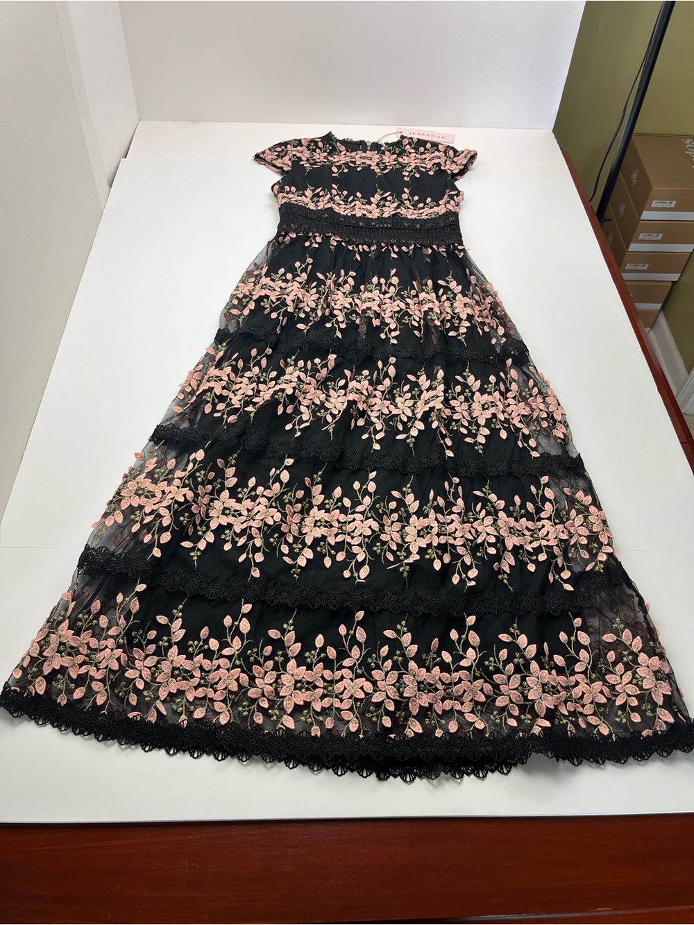 JessaKae Black Dress Pink Green 3-D Floral Embroidery Womens Size Small NEW